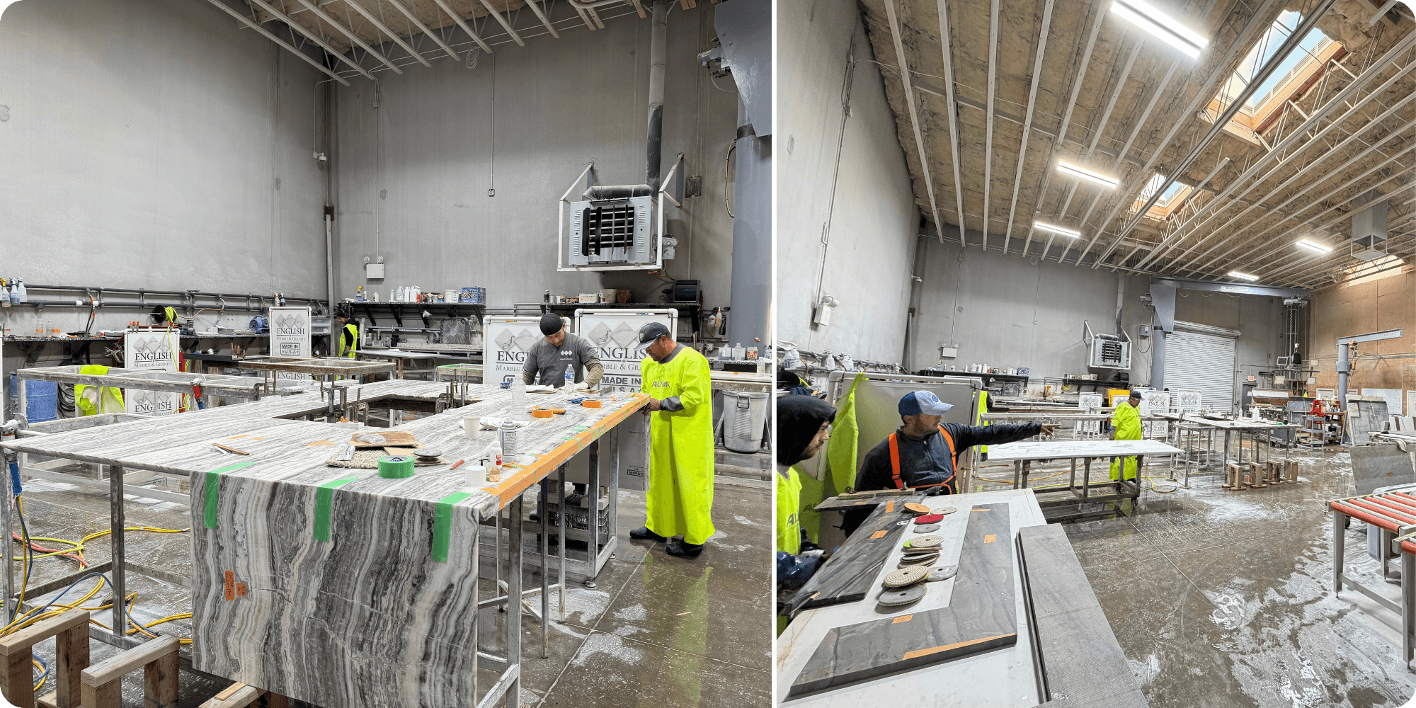 2 image grid: Fabricators working on waterfall stone project and Fabricators reviewing project components