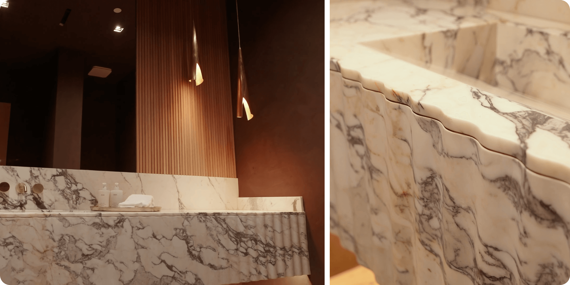 side-by-side images of a backlight fluted vanity piece