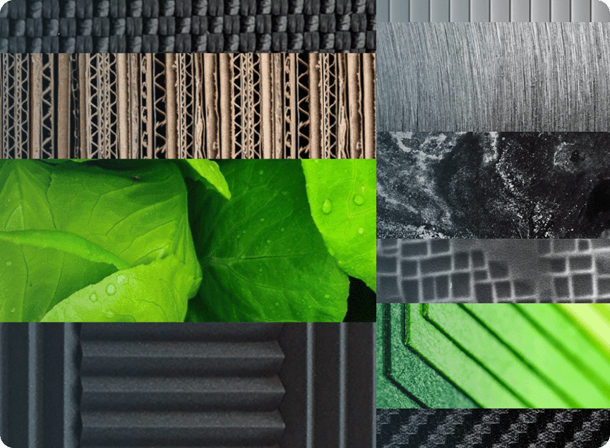 collage of images of materials that waterjets can cut including cardboard, composite, paper, metal, and stone