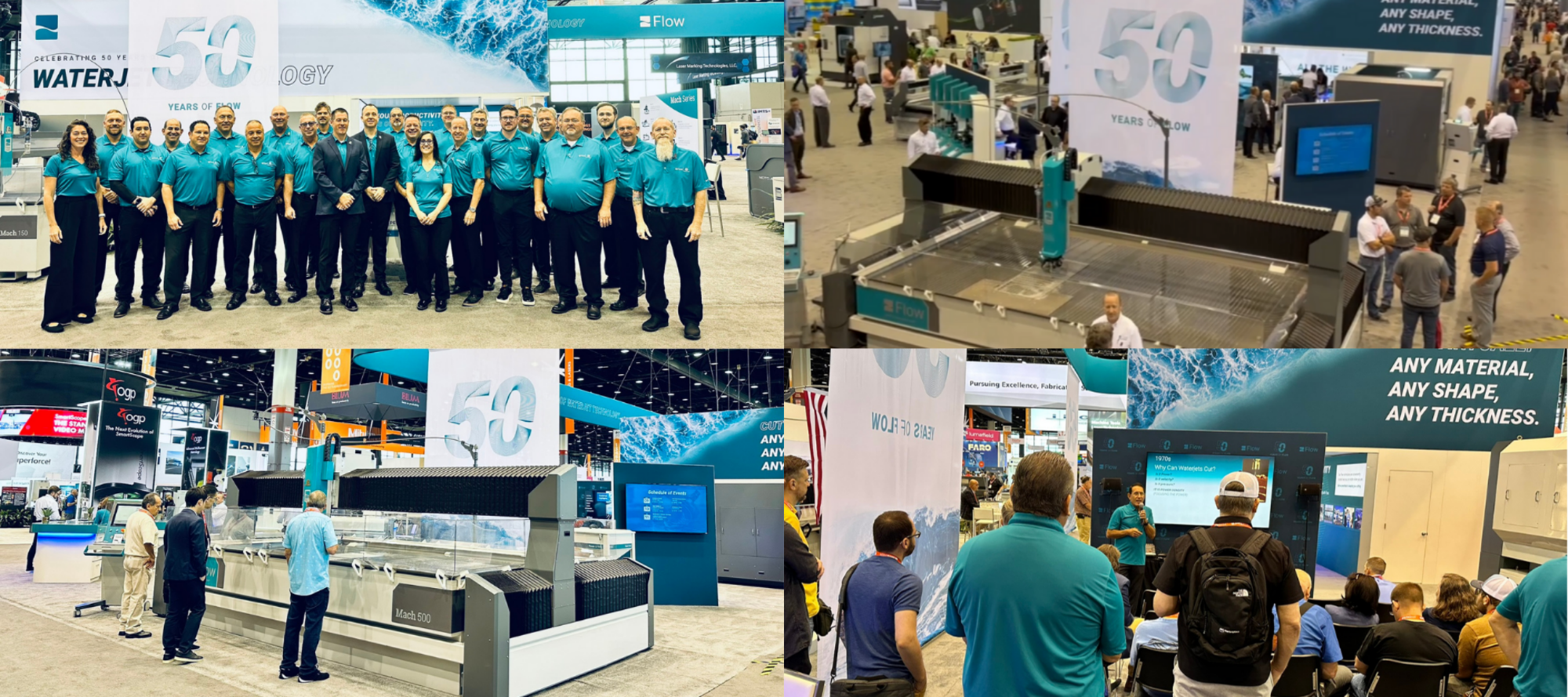 Flow employees standing in tradeshow booth with the #19 Flow Nascar