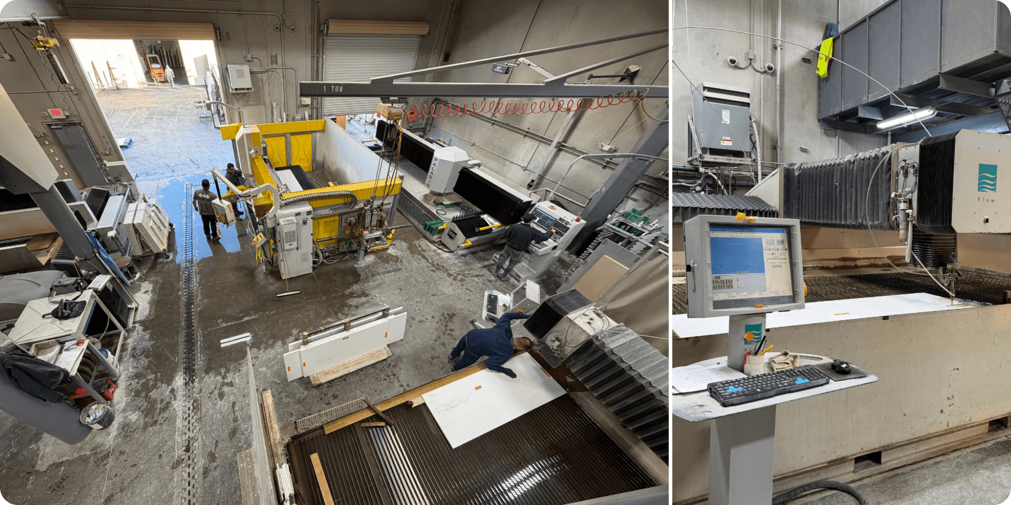 2 image grid: one image showing a top down view of a stone fabrication shop floor and the other of their integrated flying bridge waterjet cutting stone slab