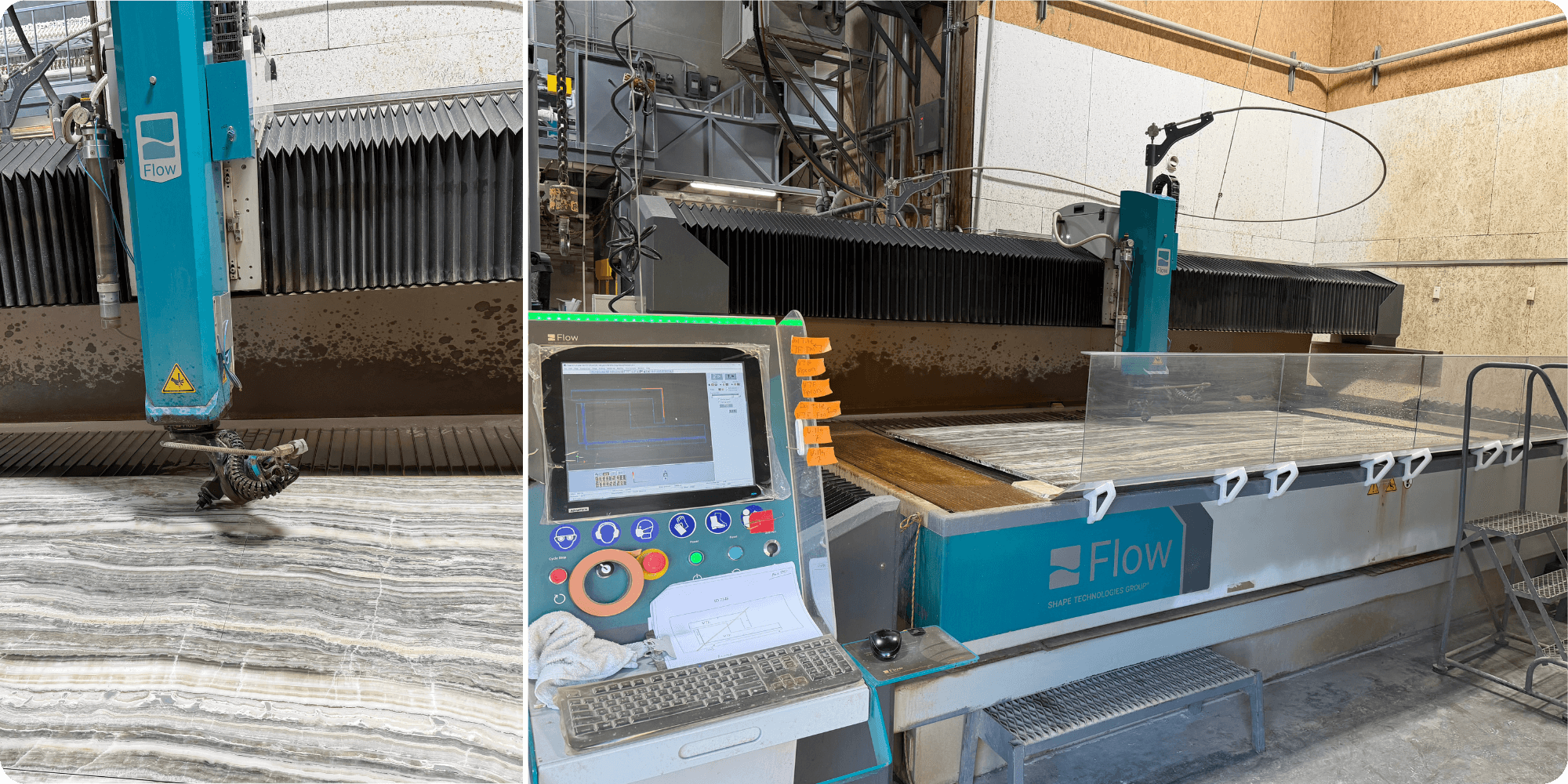 Mach 500 cutting white-grey stone slab with darker grey-black veining