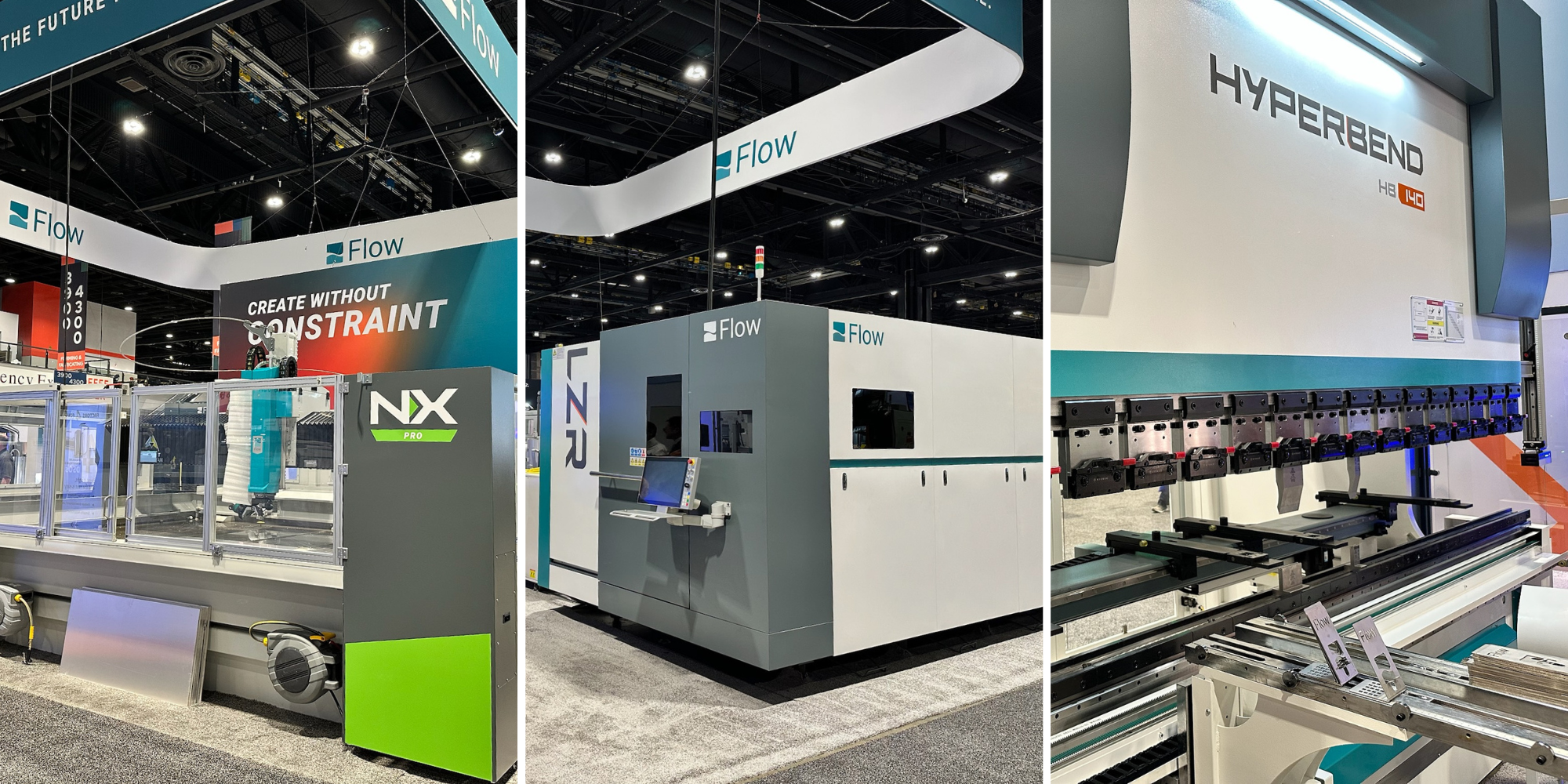fabtech-system-debut.png three images side-by-side of the NX Pro waterjet, LZR fiber laser, and HyperBend press brake at Fabtech show 2025